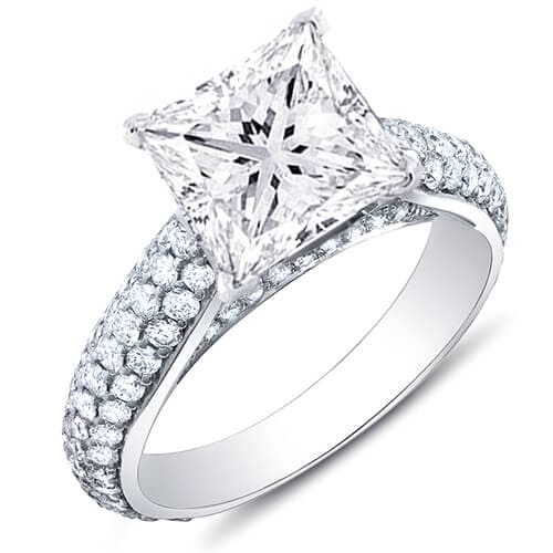 Princess cut 3 row pave engagement ring