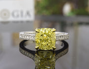 3.75 Ct Canary Fancy Yellow Cushion Engagement Ring VVS2 GIA Certified