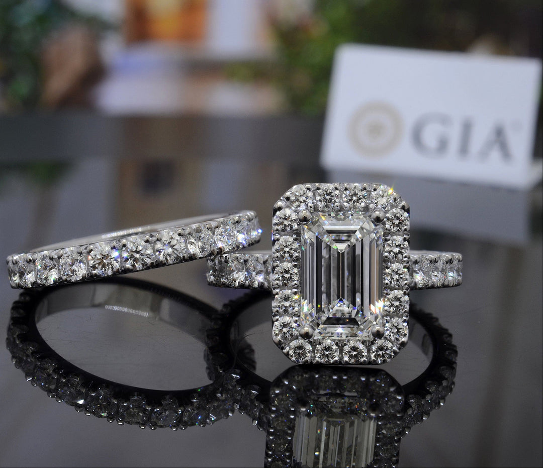 Emerald Cut Halo Engagement Ring Set