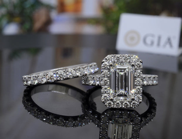 Halo Emerald Cut Engagement Ring Set