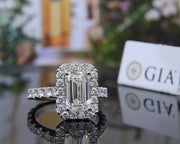 3.30 Ct. Emerald Cut Halo Engagement Ring Set I Color VVS2 GIA Certified