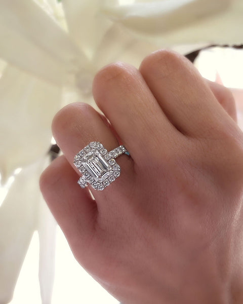 Emerald Cut Diamond Halo Engagement Ring in 18K White Gold ( | Ask Design  Jewelers | Olean, NY