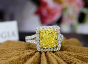 Halo Square Fancy Yellow Radiant Cut Split Shank Diamond Ring