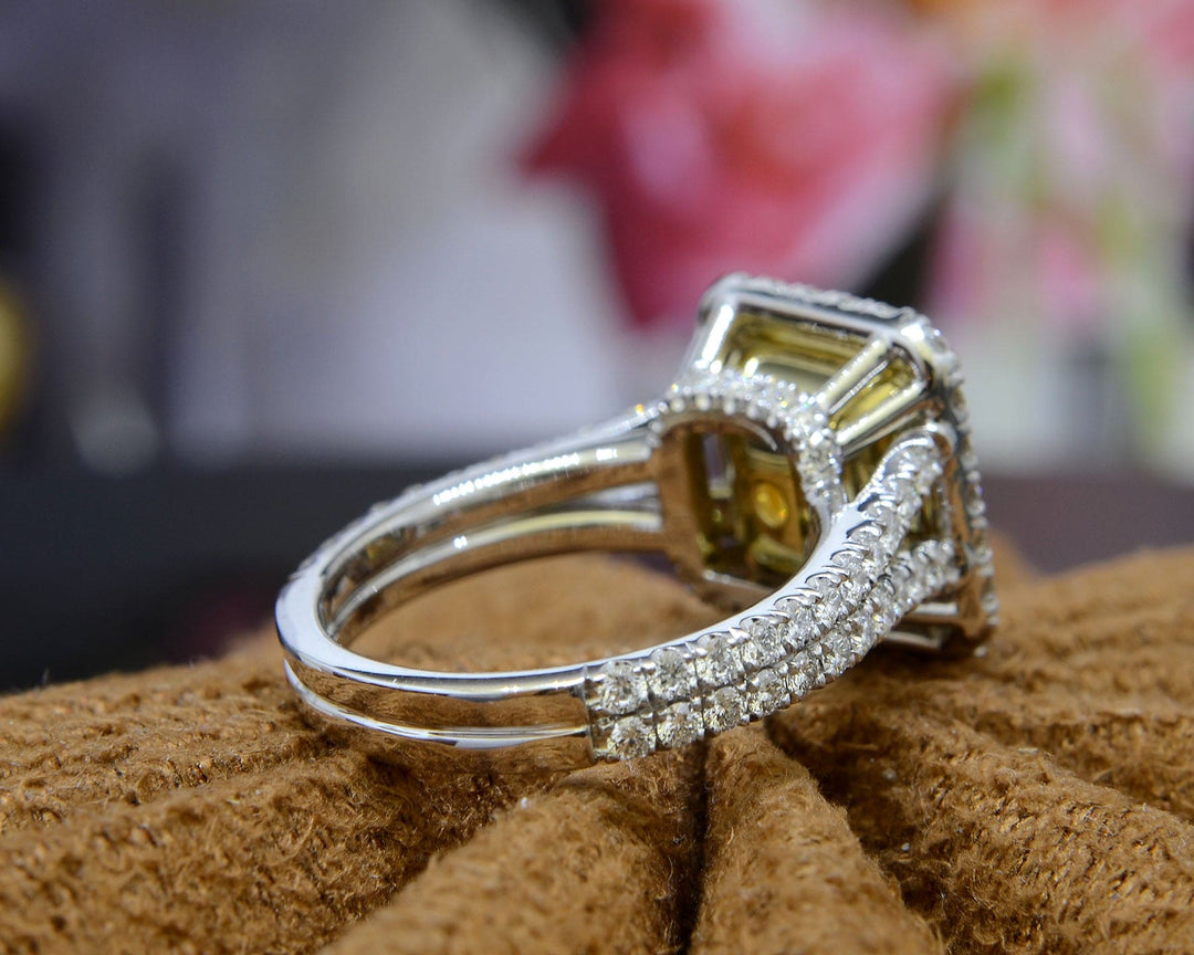 Halo Square Fancy Yellow Radiant Cut Split Shank Diamond Ring