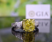 Canary Fancy Yellow Cushion Cut Diamond Ring w Baguettes