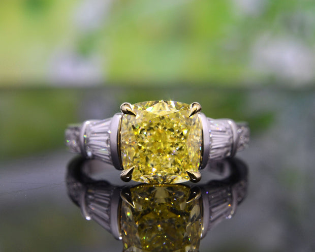 Canary Fancy Yellow Cushion Cut Diamond Ring w Baguettes