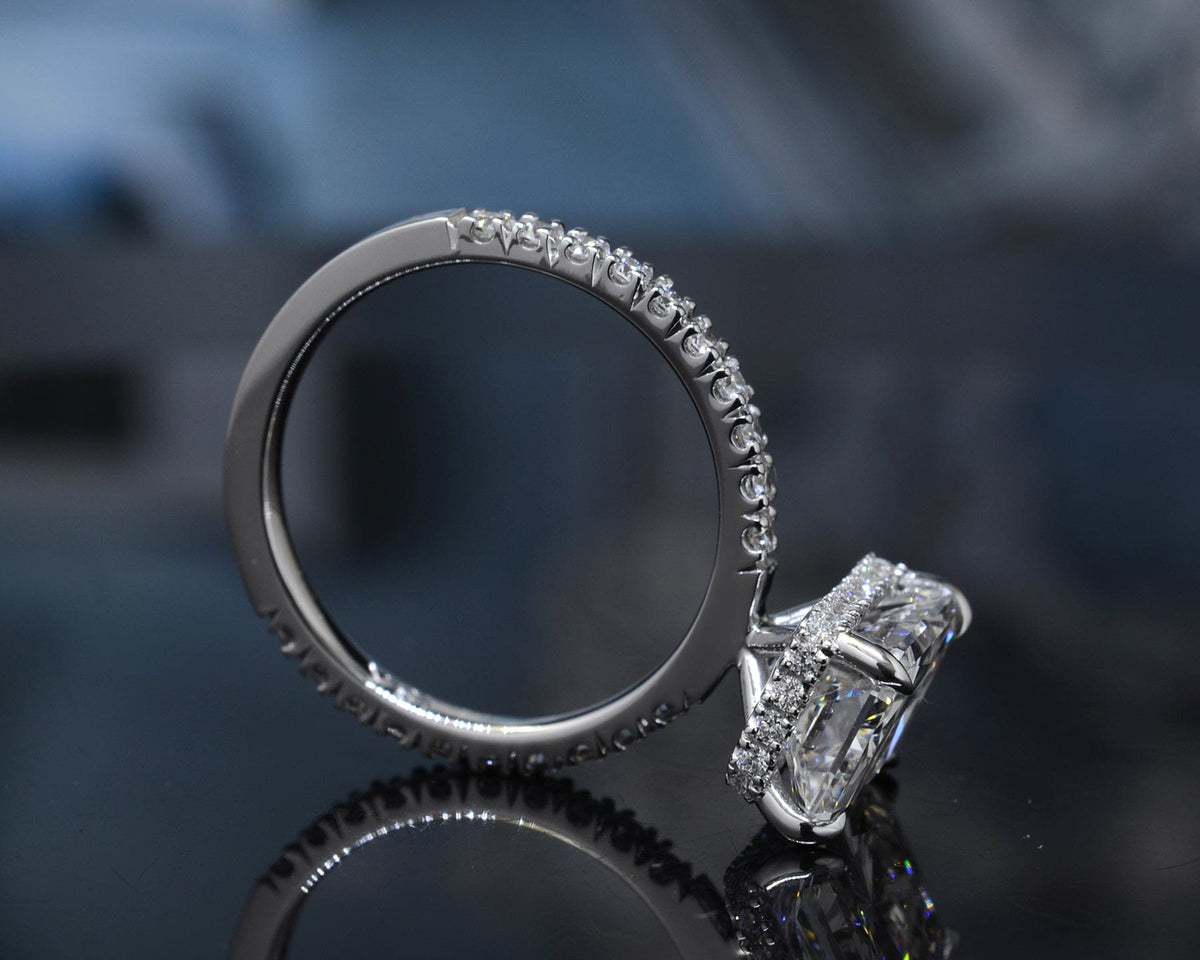 Radiant hidden halo engagement ring side view