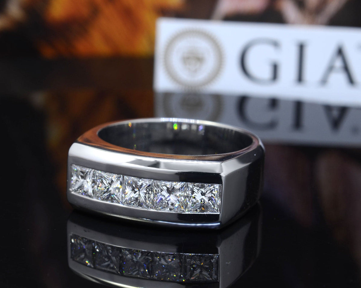 Men's princess cut channel set diamond ring 10mm width gia certified