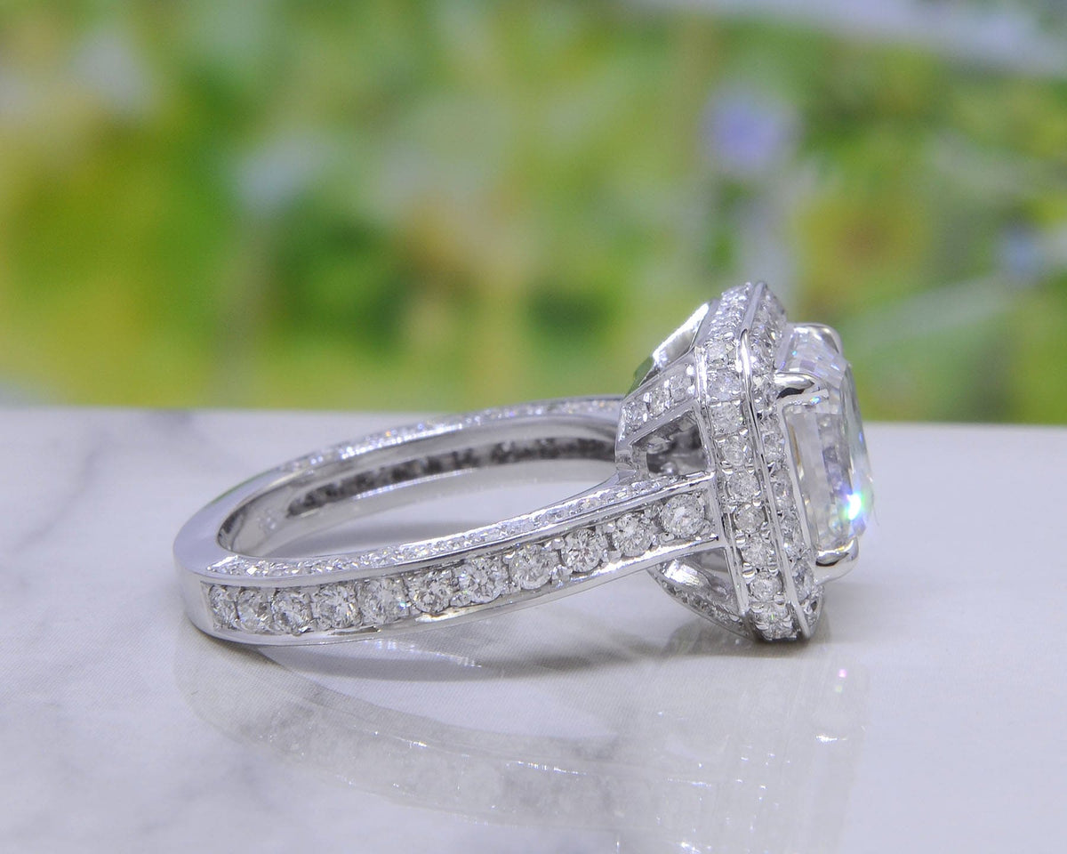 Halo pave princess cut engagement ring side view
