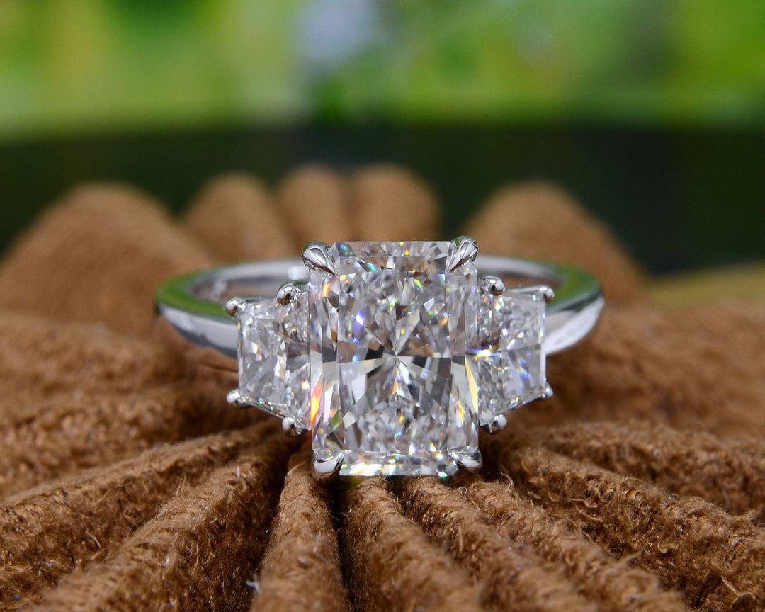 3.30 Ct. Elongated Radiant Cut & Trapezoid 3 Stone Ring H Color VVS2 GIA Certified