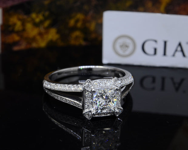 2.10 Ct. Princess Cut Halo Split Shank Diamond Ring H Color VS2 GIA Certified