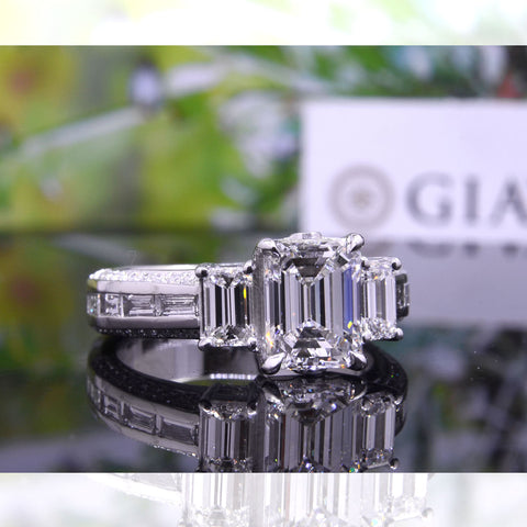 2.70 Ct. Emerald Cut Baguette 3 Stone Diamond Ring H Color VS1 GIA Certified