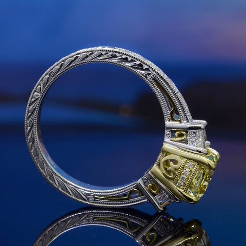 2.40 Ct Canary Fancy Yellow Cushion & Trapezoids Art Deco Diamond Ring VS2 GIA Certified