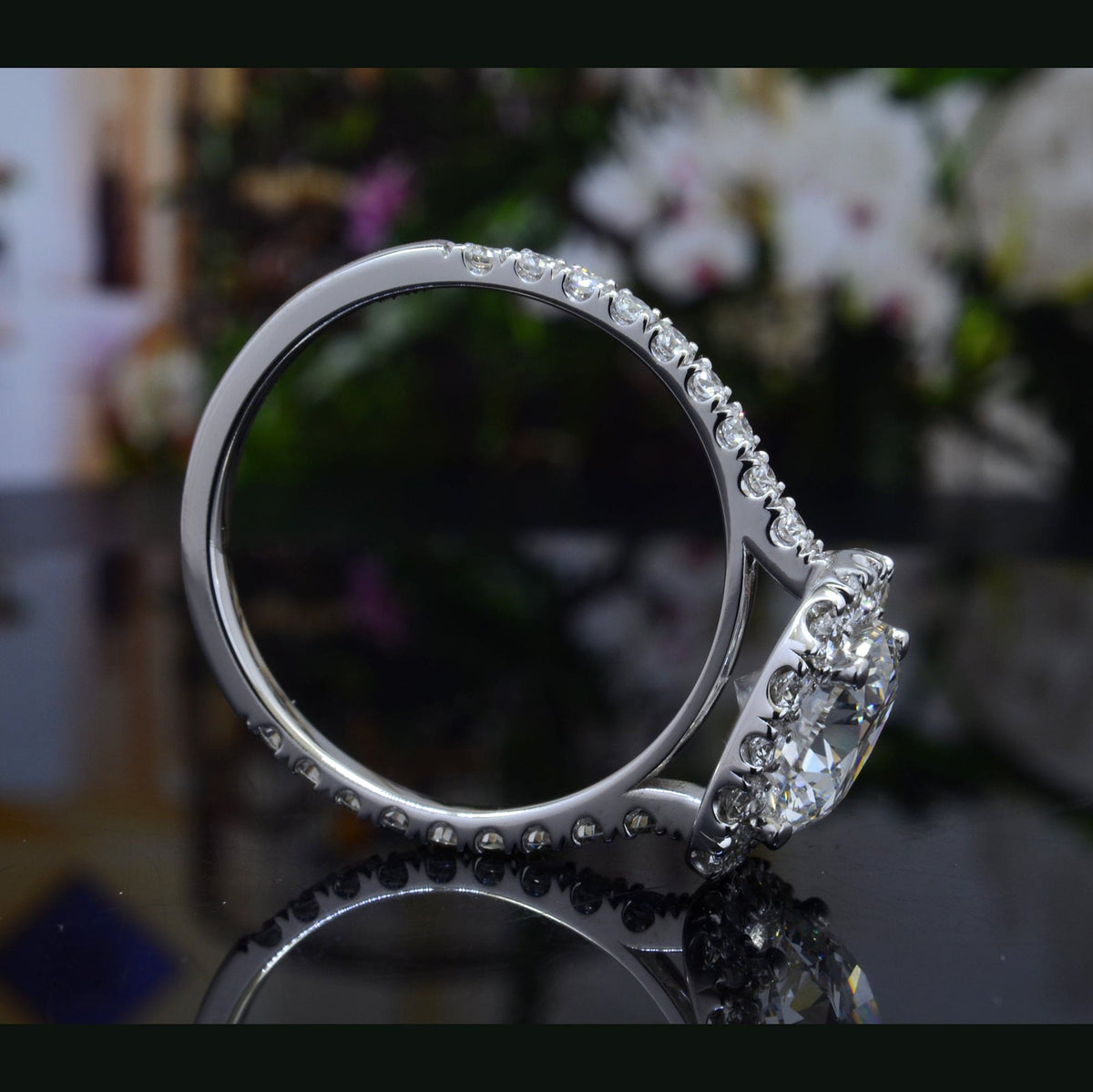 Cushion halo round cut center engagement ring side profile