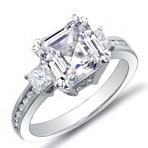 2.87 Ct. Asscher Cut w/ Princess & Round Cut Diamond Engagement Ring H,SI1 GIA