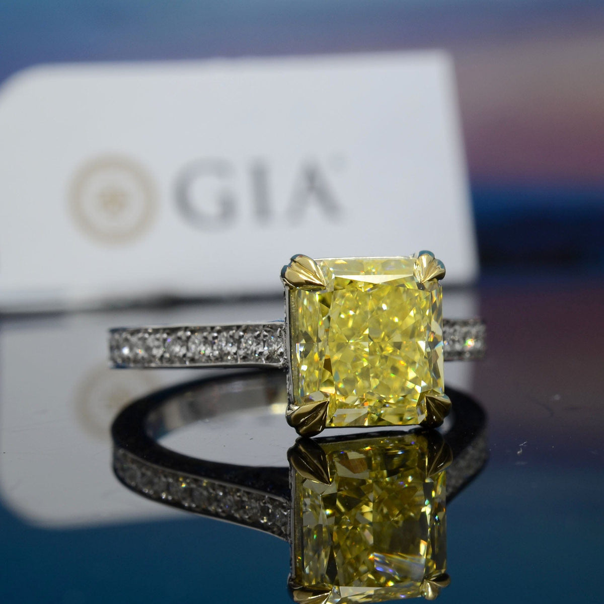 Canary hidden halo radiant cut engagement ring 
