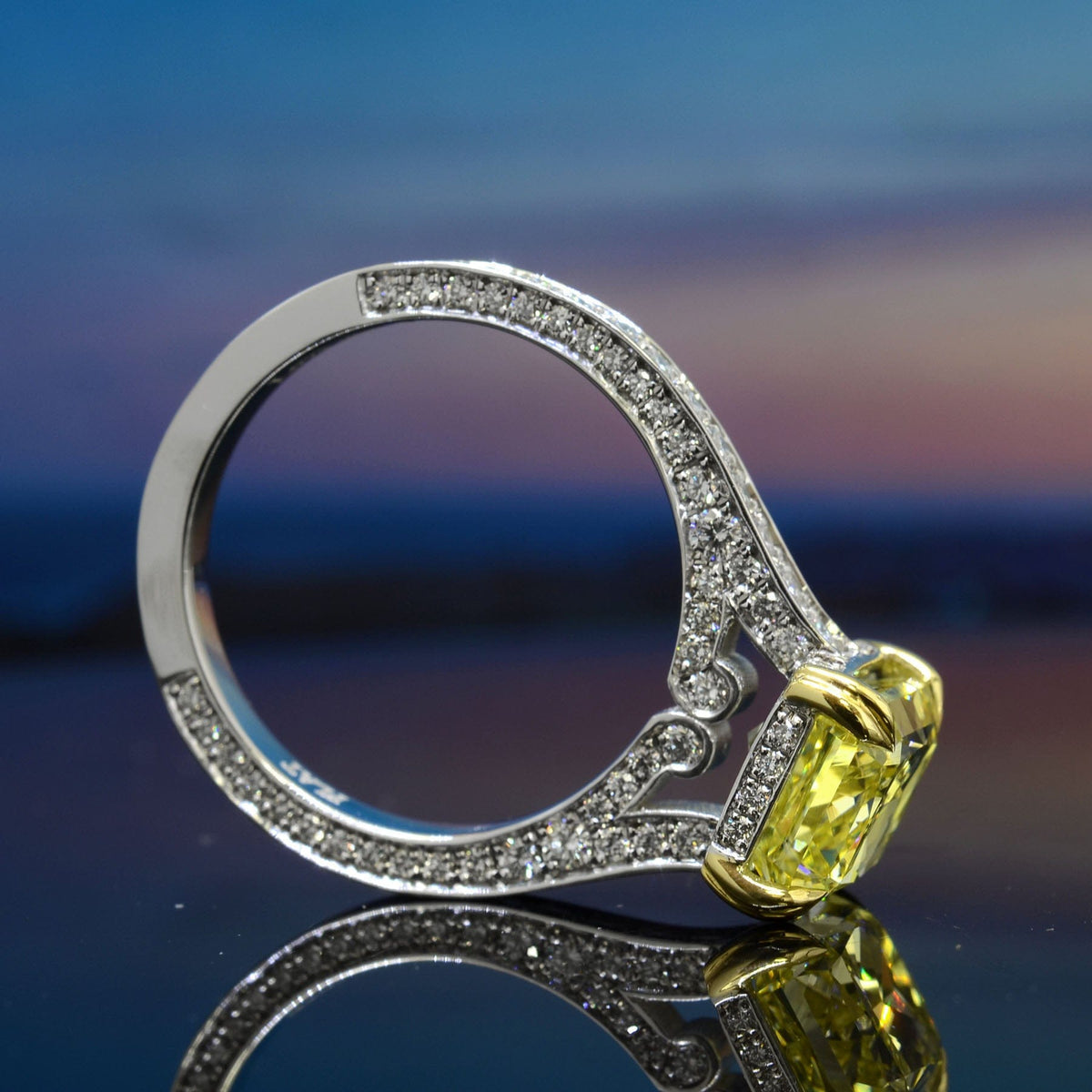Canary hidden halo radiant cut engagement ring profile view