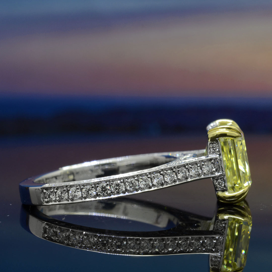 3.75 Ctw Canary Fancy Yellow Cushion Pave Engagement Ring VS1 GIA Certified