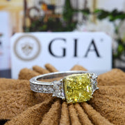2.90 Ct. Canary Fancy Yellow Cushion Cut Diamond Ring with Trapezoids VS1 GIA Certified