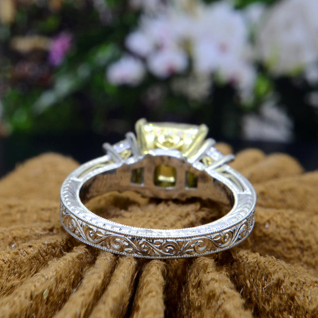 4.00 Ct. Hand-Carved Canary Fancy Intense Yellow Radiant Cut Diamond Ring VS1 GIA Certified