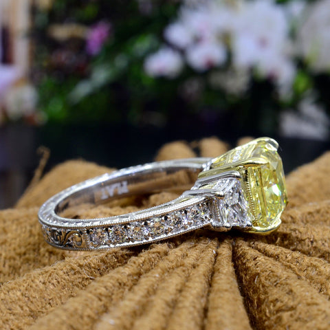 4.10 Ct. Canary Fancy Yellow Cushion Cut Diamond Ring VS1 GIA Certified