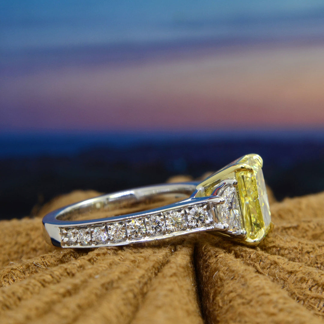 3.95 Ct. Canary Fancy Yellow Elongated Radiant & Half Moon Ring VS1 GIA Certified