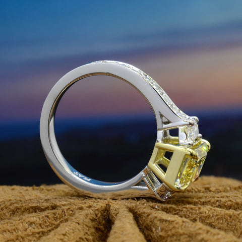 3.95 Ct. Canary Fancy Yellow Elongated Radiant & Half Moon Ring VS1 GIA Certified