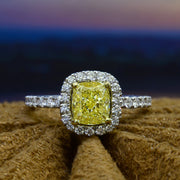 3.40 Ct. Fancy Yellow Halo Cushion Cut Engagement Ring VVS1 GIA Certified