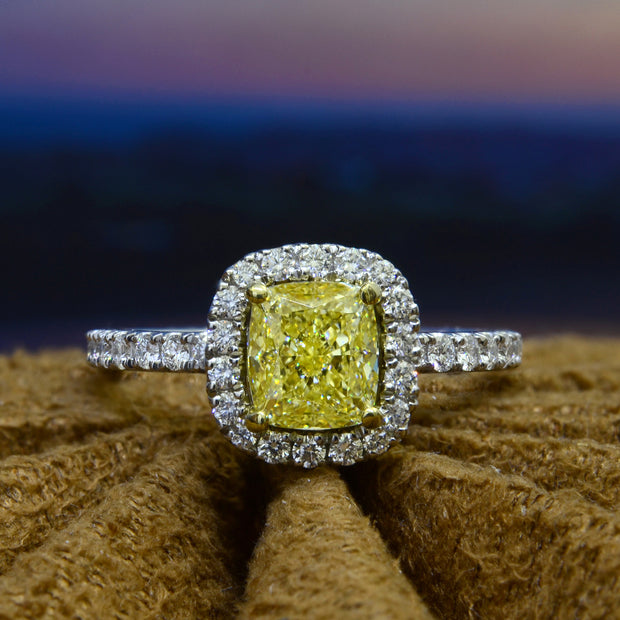 3.40 Ct. Fancy Yellow Halo Cushion Cut Engagement Ring VVS1 GIA Certified