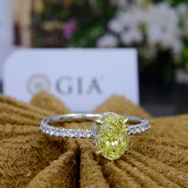 2.10 Ct. Hidden Halo Fancy Yellow Oval Cut Diamond Ring VS1 Clarity GIA Certified