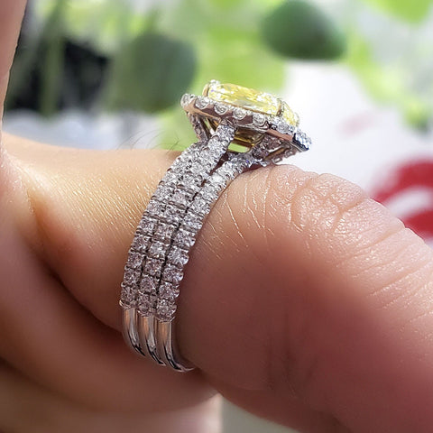 Canary Fancy Light Yellow Radiant Cut Diamond Ring on finger