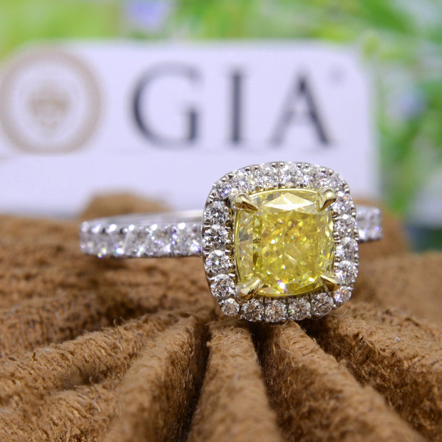 3.40 Ct. Fancy Yellow Halo Cushion Cut Engagement Ring VVS1 GIA Certified