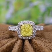 3.40 Ct. Fancy Yellow Halo Cushion Cut Engagement Ring VVS1 GIA Certified