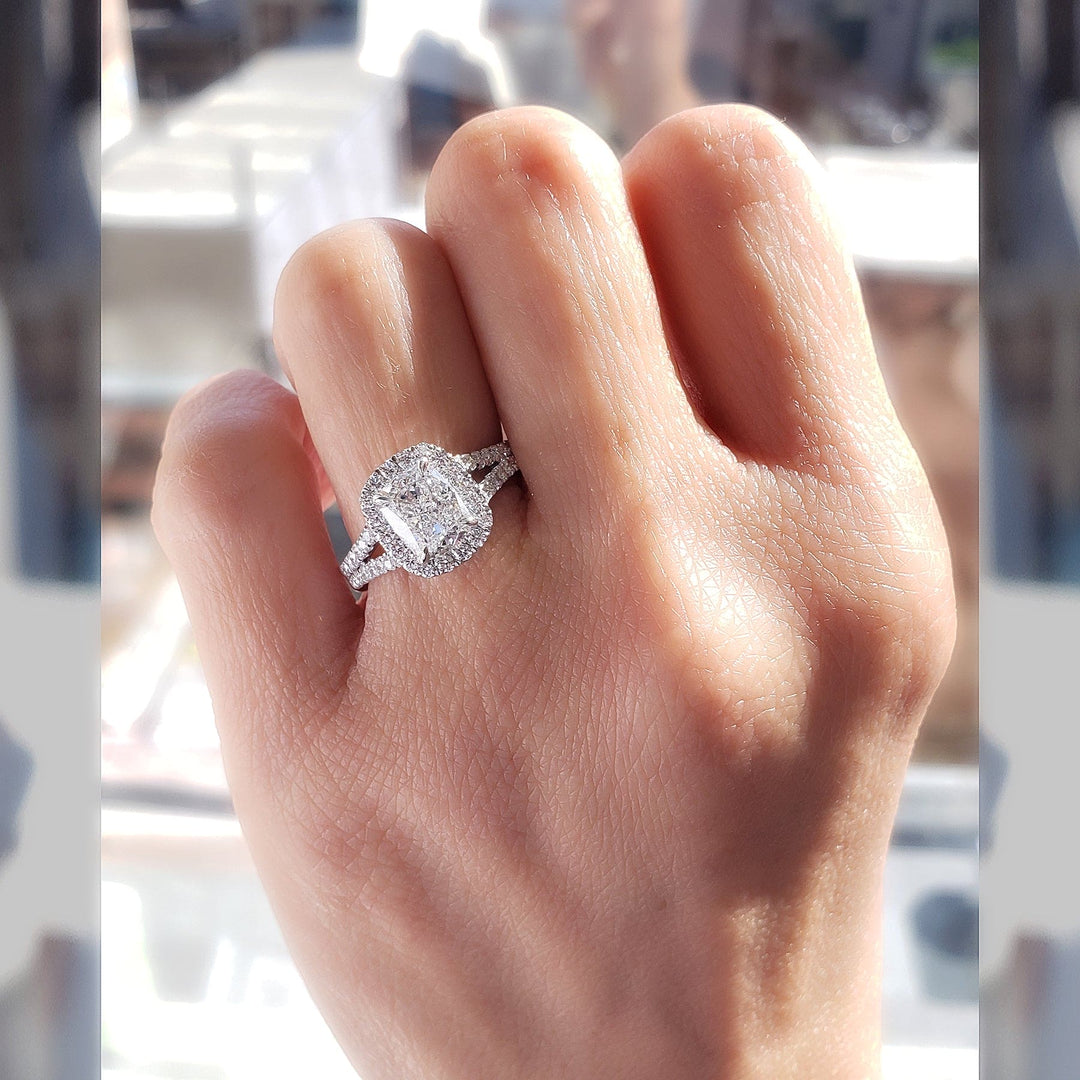 2.20 Ctw Elongated Halo Cushion Cut Split Shank Ring G Color SI1 GIA Certified