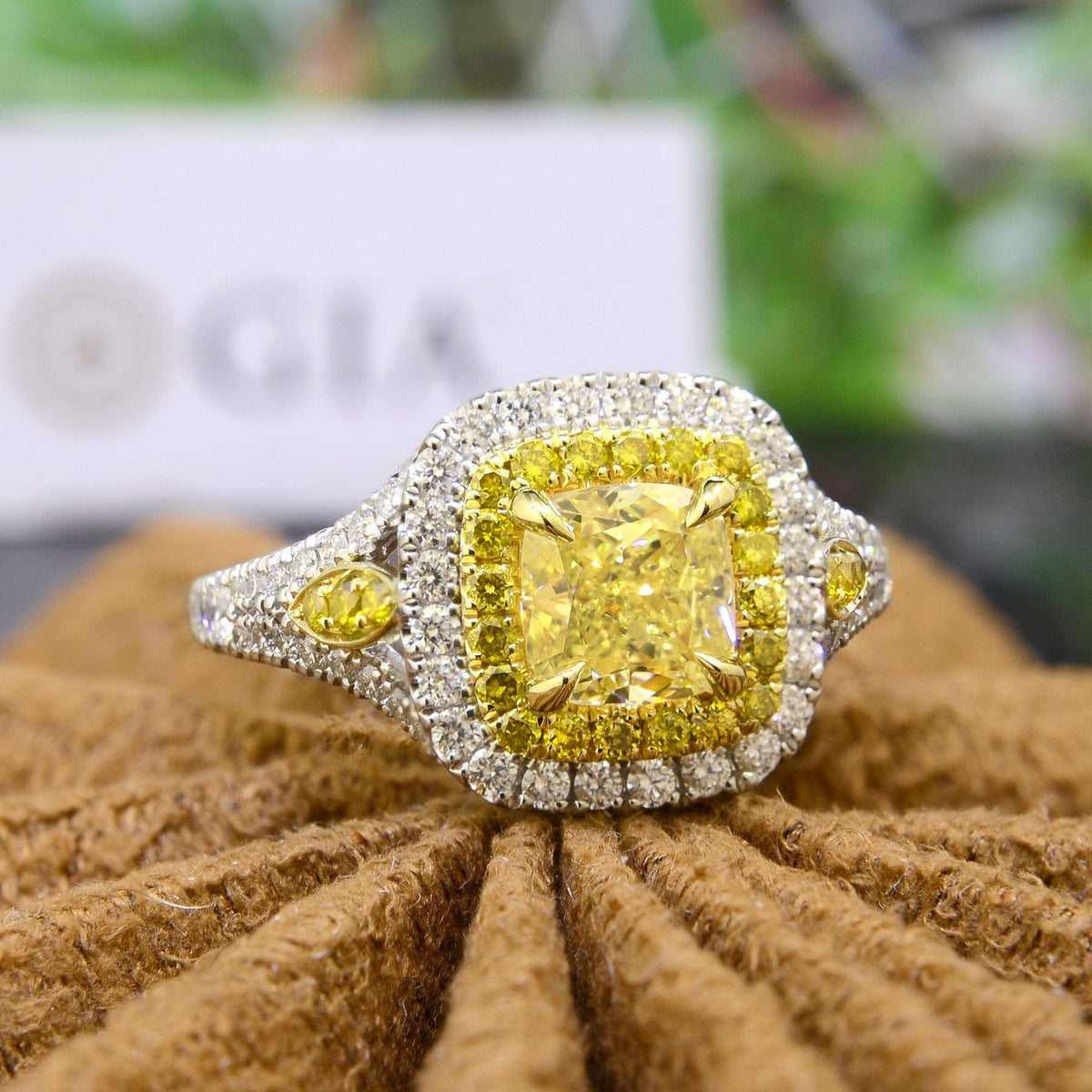 Yellow cushion double halo diamond ring