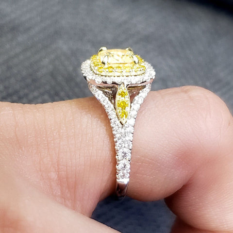 1.50 Ct. Canary Fancy Yellow Cushion Double Halo Diamond Ring VS1 GIA Certified