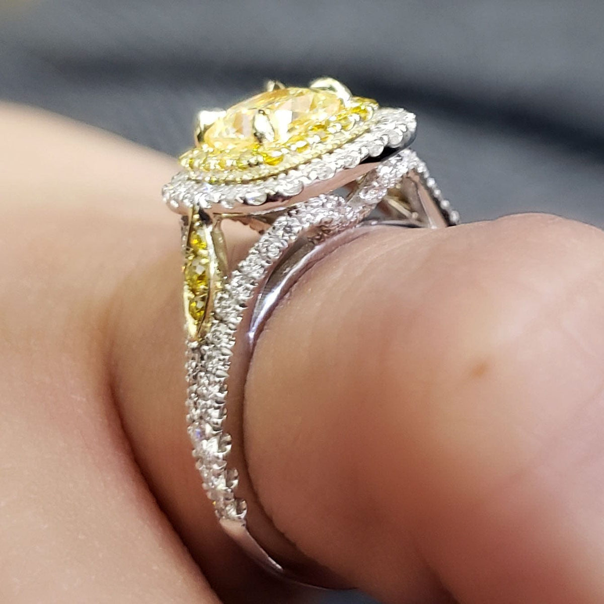 Yellow cushion double halo diamond ring side profile