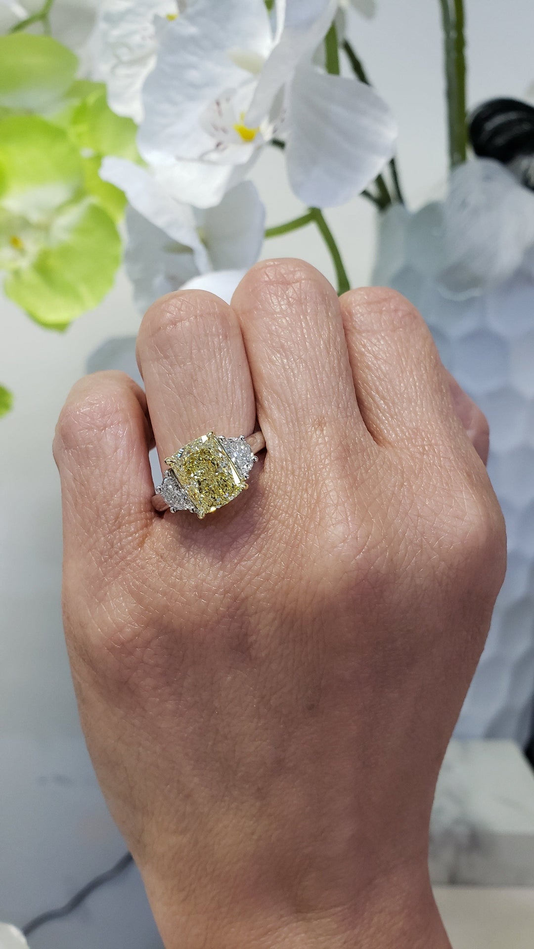 Fancy Yellow Cushion & Half Moons Three Stone Diamond Ring on Hand
