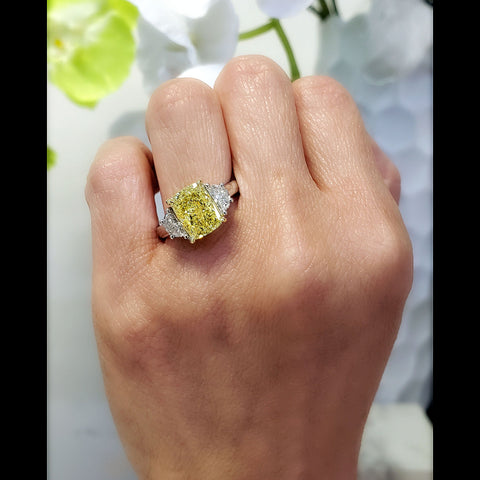 4.50 Ct. Canary Fancy Light Yellow Cushion & Half Moons Diamond Ring VS1 GIA Certified