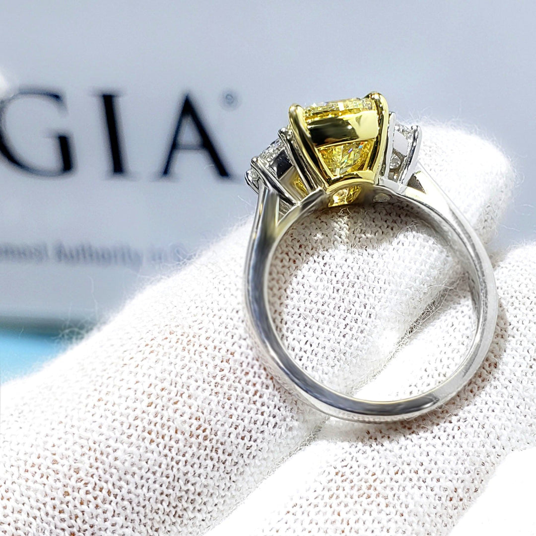 Canary Yellow Radiant Cut & Half Moons 3 Stone Ring Side View

