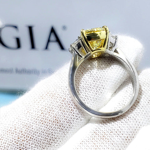 2.50 Ct. Canary Fancy Yellow Radiant Cut & Half Moons 3 Stone Diamond Ring SI1 GIA Certified