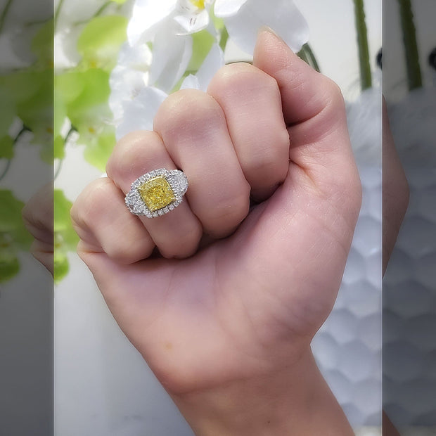 3.60 Ct Canary Fancy Yellow Halo Cushion Cut Diamond Ring w Half Moons VVS1 GIA Certified