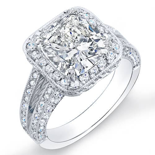 Cushion cut pave halo engagement ring