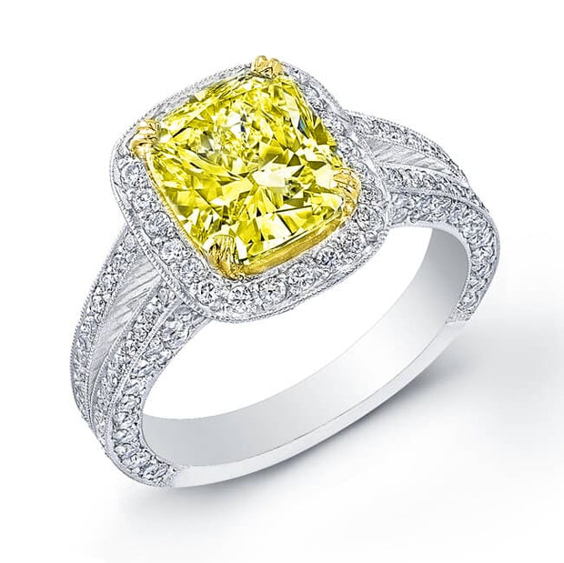 3.61 Ct. Canary Fancy Yellow Diamond Pave Halo Engagement Ring SI1, GIA