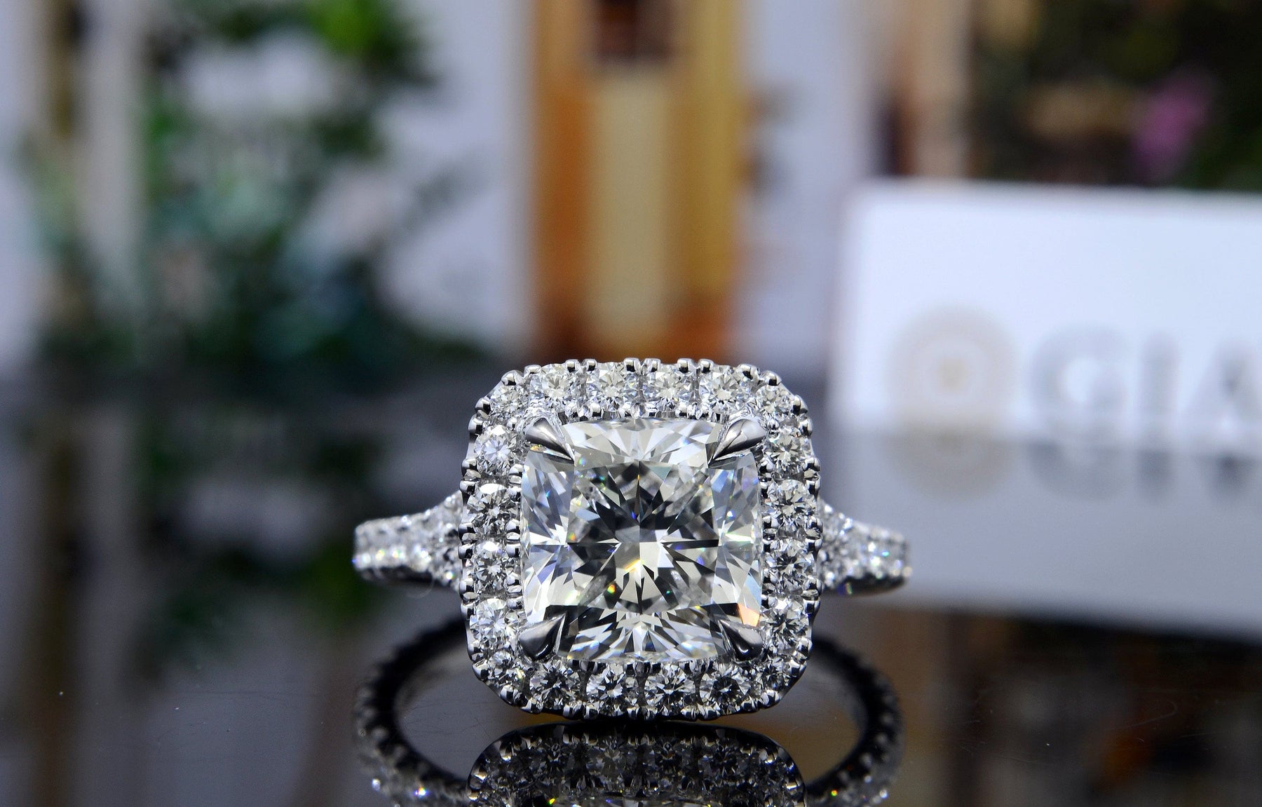 cut diamond cushion split shank engagement ring