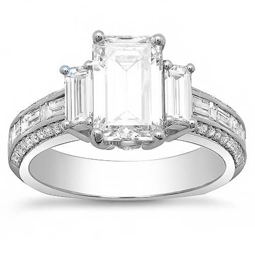 2.90 Ct. Emerald Cut, Baguette & Round Diamond Engagement Ring I,VS2 GIA