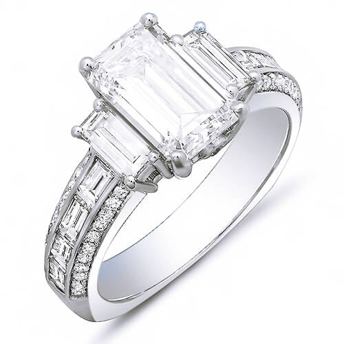 Emerald cut engagement ring with baguettes