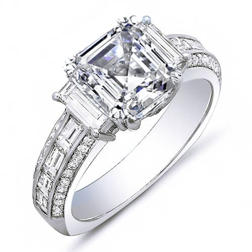 2.21 Ct. Asscher Cut, Baguette & Round Diamond Engagement Ring F,VS2 GIA