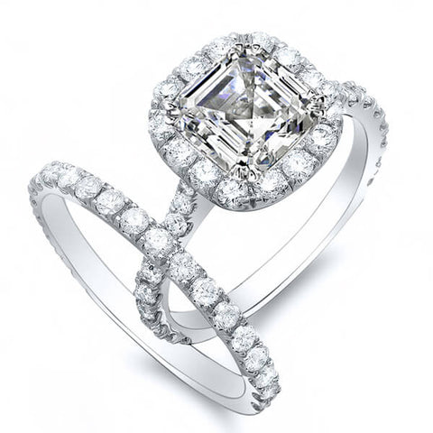 2.12 Ct. Asscher Cut Round Halo Diamond Bridal Ring Set GIA F,VVS1