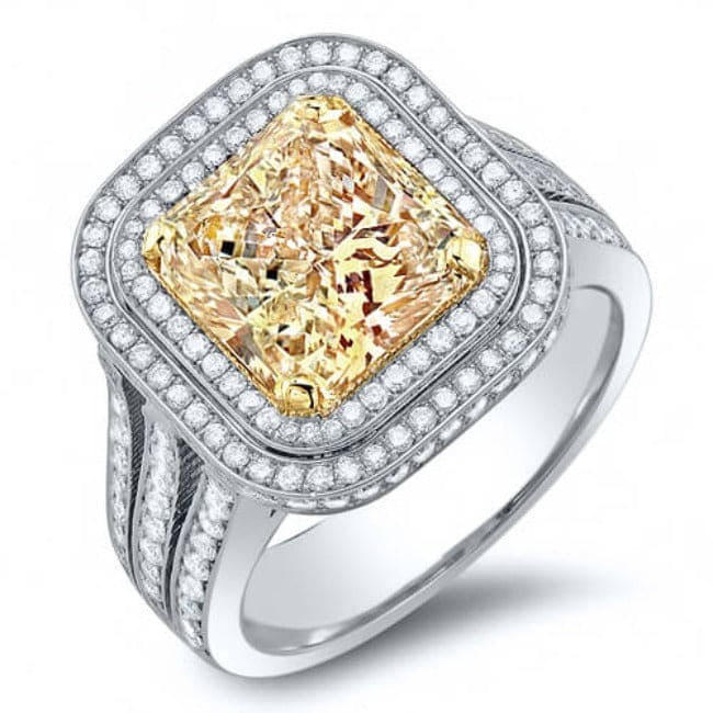 Double halo canary fancy light yellow cushion engagement ring